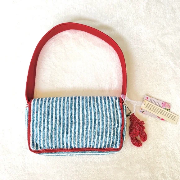 Viral Beaded Light Blue & White Striped Lobster Bag w/ Beaded Lobster Bag Charm - Picture 7 of 15